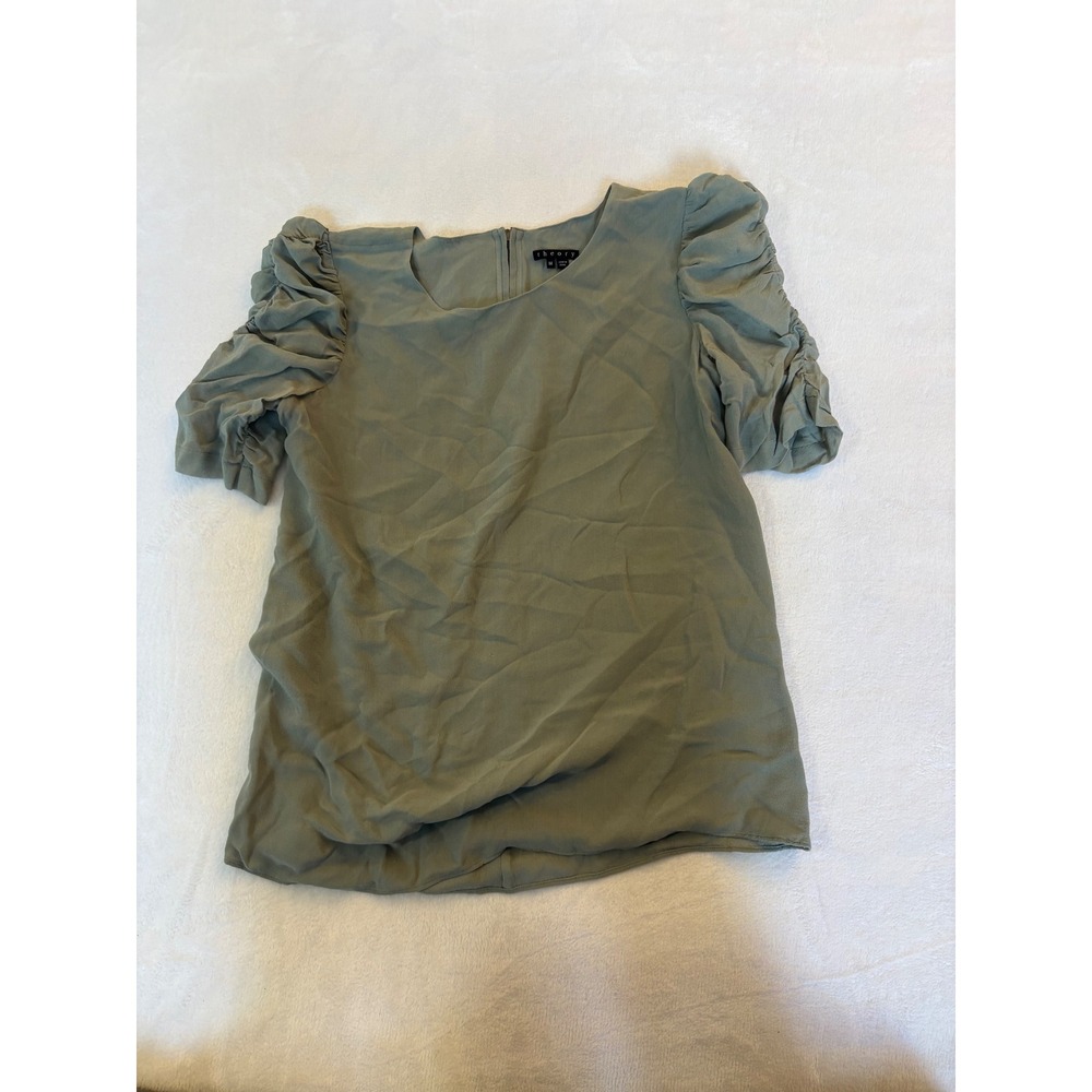 Theory Sage Green 100% Silk Ruched Puff Sleeve Blouse Top Medium